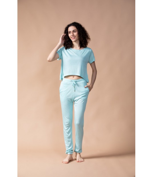 MH02 - Solid Crop Tee And Pant Lounge Set - 100% Liva Siro Micro Modal