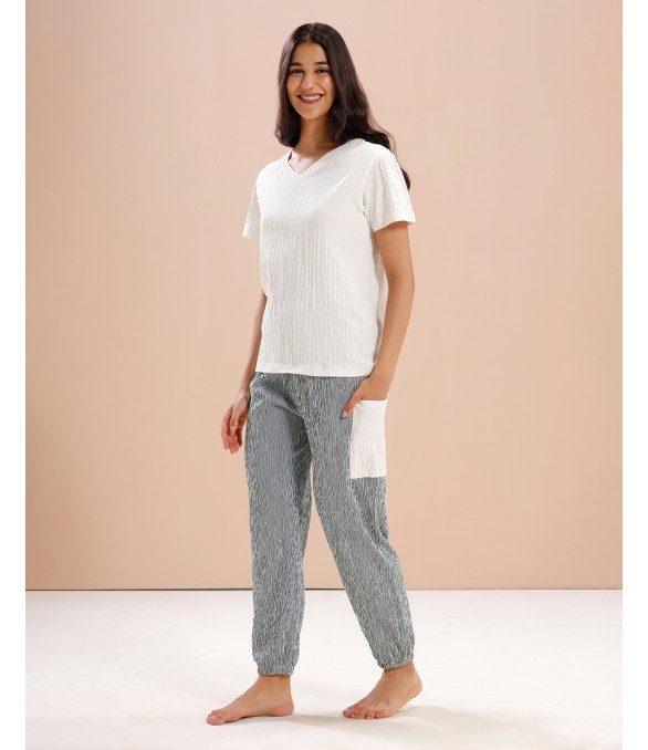 MH069 - OFFWHITE / GREEN LOUNGEWEAR SET