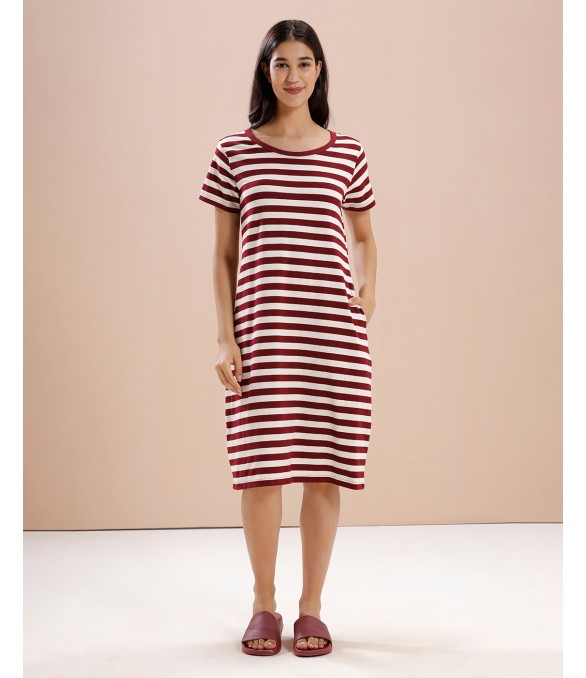 MH075 - SHORT NIGHT DRESS: COLOUR - MAROON STRIPES