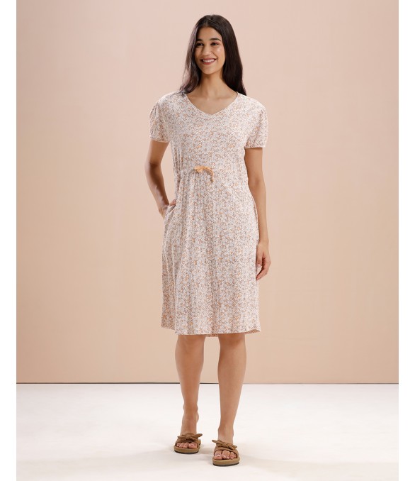 MH078- CREAM PUFF AOP A- LINE LOUNGE DRESS