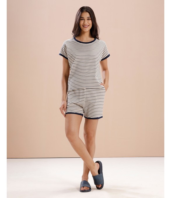 MH085- NAVY CREAM SHORTS SET