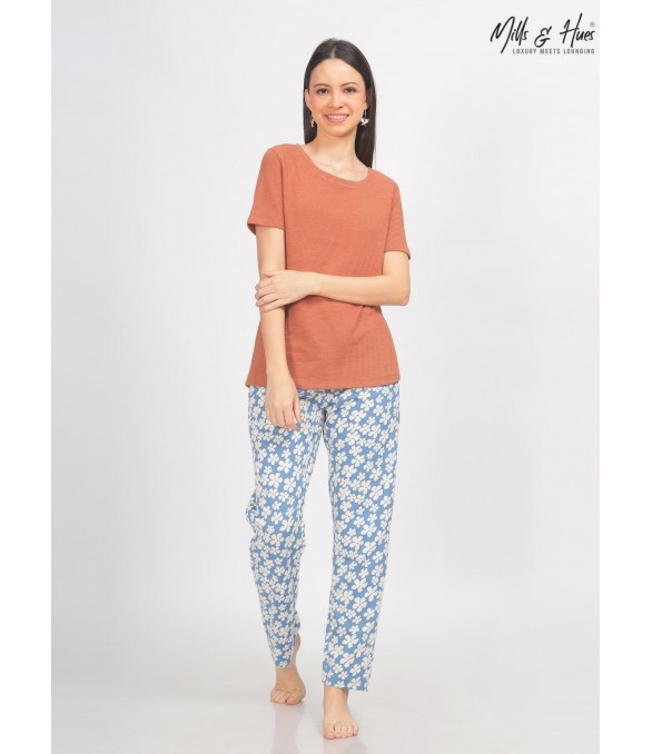 MH11 - TERRACOTA TOP AND WHITE FLORAL PANTS PJ SET