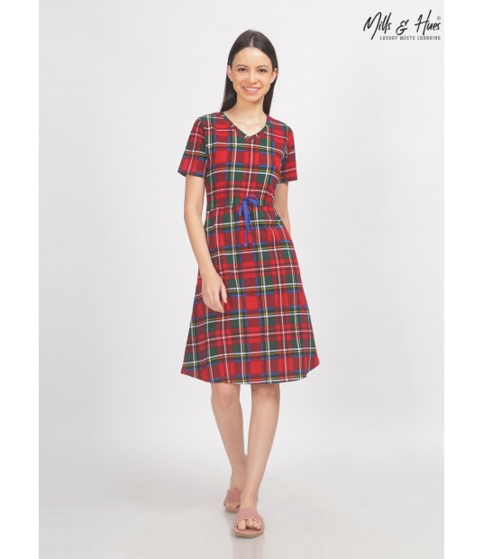 MH17 - RED CHECKERED V-NECK MIDI DRESS