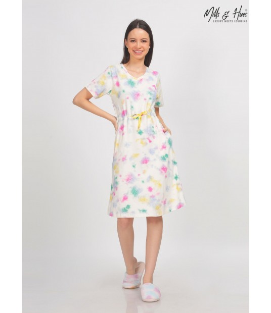 MH18 - MULTICOLOUR SPRAY BRUSH V-NECK MIDI DRESS